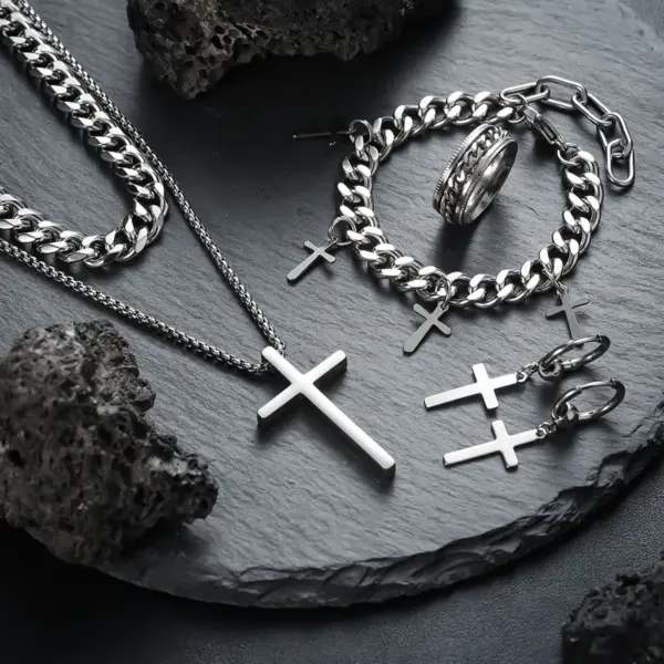 Wholesale Jewelry Original Design Cross Titanium Steel Plating Jewelry Set Cuban Link Chain Curb Chain