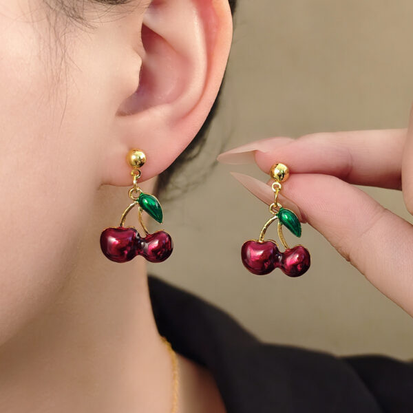 Wholesale Ins Style Red Cherry Collarbone Chain Earrings Jewelry suit Women Cross Border Green Leaf Cherry Pendant Necklace Earrings Accessories