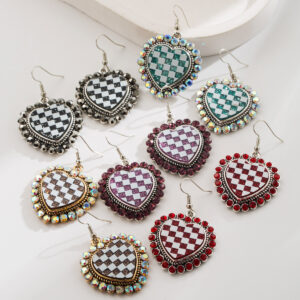 Wholesale Rhinestone-encrusted checkered heart earrings, extravagant niche earrings