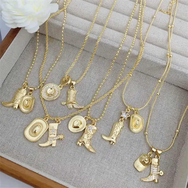 Wholesale 18K Gold Plated Western Cowboy Shoe And Hat Pattern Necklace Creative Daily Wear For Men And Women Multi Style Pendant Necklace Gift
