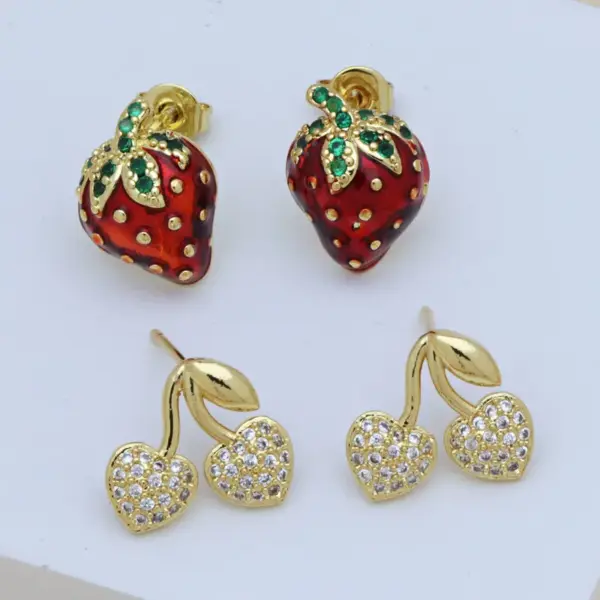 1 Pair Simple Style Cherry Strawberry Enamel Inlay Copper Zircon Ear Studs