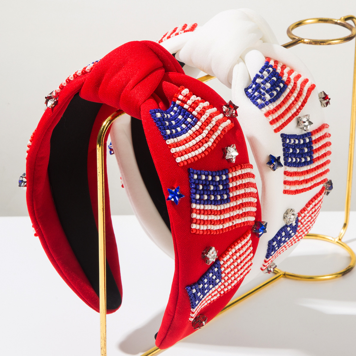 Wholesale Cross-border New European and American pular Creative Hair Band High-end Light Luxury American Flag Rice Beads and Diamonds Independent Day