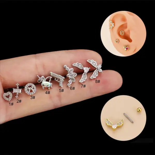 1 Piece 316L Stainless Steel Copper Zircon Ear Cartilage Rings & Studs Heart Shape Waterproof Non Tarnish Surgical Steel