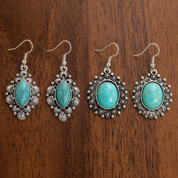 Wholesale Europe and the United States cross-border retro turquoise earrings geometric inlay Bohemian alloy personality earrings jewelry