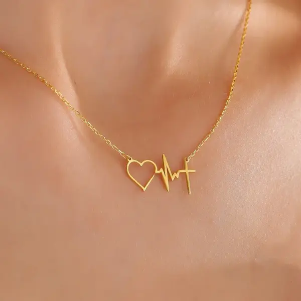 Wholesale 304 Stainless Steel Electrocardiogram Heart Shape Ion Plating (IP) 18K Real Gold Plated Elegant Waterproof Non Tarnish Cable Chain Gold Pendant Necklace