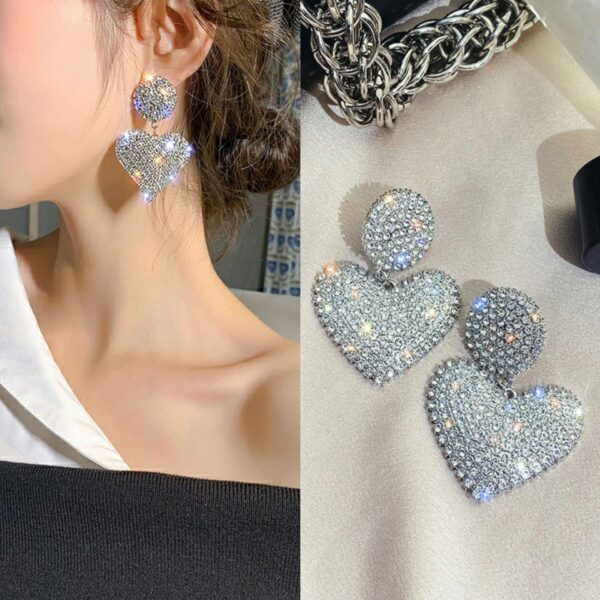 Wholesale European and American Socialite Luxury Full Diamond Heart Earrings Personalized Fashion Ol Design Peach Heart Earrings Simple Exaggerated Earrings