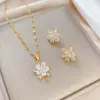 Wholesale Golden Plated 304 Stainless Steel Electroplating Zircon Flower Sweet Earrings Necklace For Women'S