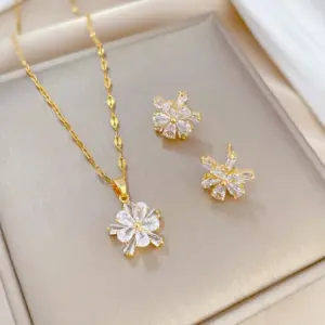 Wholesale Golden Plated 304 Stainless Steel Electroplating Zircon Flower Sweet Earrings Necklace For Women'S