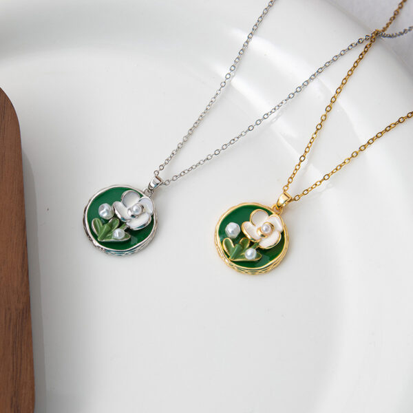 Wholesale Cross-Border Rose Oil Painting High-End Necklace Pearl Colorful Simple Clavicle Chain Stainless Steel 18K Gold Plated Necklace for Women