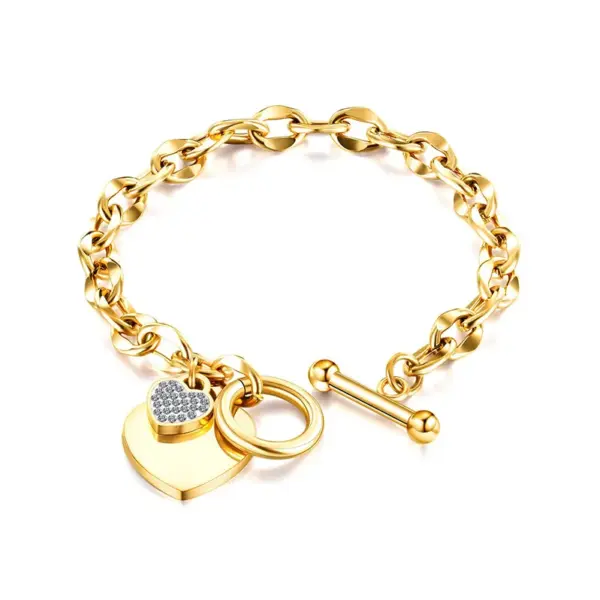 Wholesale Simple Style Heart Shape Titanium Steel Asymmetrical Inlay Artificial Diamond Bracelets