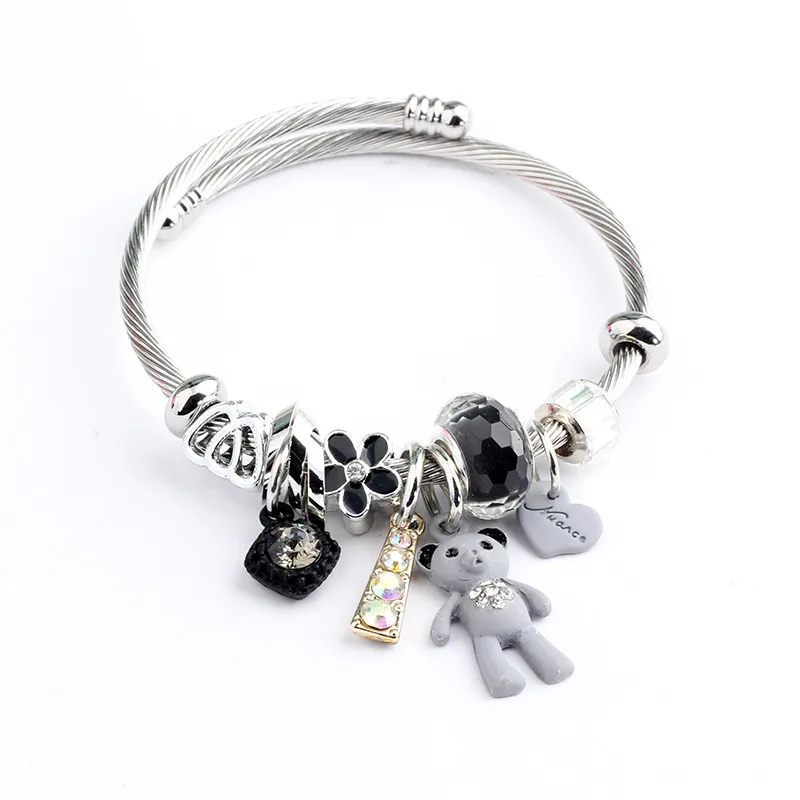 Wholesale Fashion Bear Heart Shape Flower Titanium Steel Plating Rhinestones Bangle