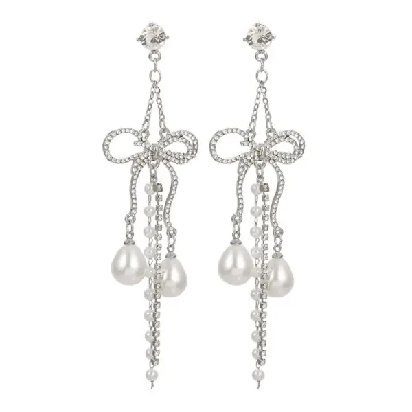 Fashion Tassel Heart Shape Bow Knot Imitation Pearl Copper Inlay Rhinestones Drop Earrings 1 Pair