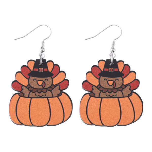 Wholesale Cross-Border New Autumn Harvest Thanksgiving Turkey Pumpkin Funny Pendant Earrings Wooden Double-Sided Earrings Gift