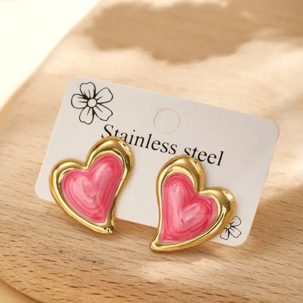 Wholesale Trendy Fashion Ins Style Gold-Plated Imitation Gold Heart-Shaped 304 Stainless Steel Casual Basic Style (Simple Style) Polished Oil-Drip Electroplated Earrings