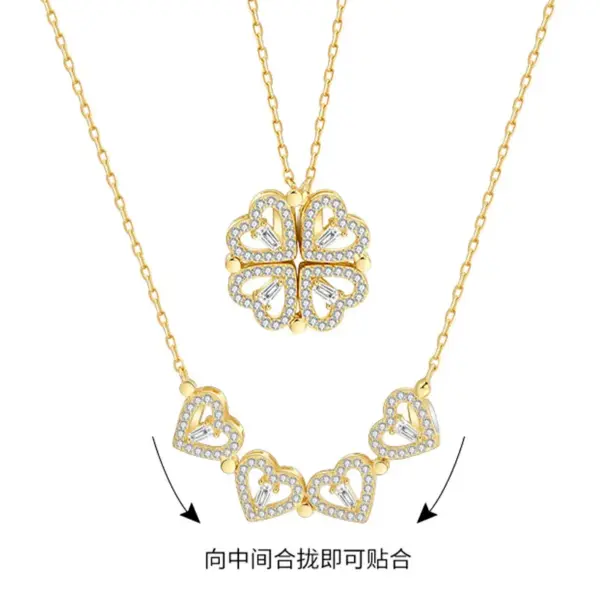 Wholesale Fashion Four Leaf Clover Heart Shape Stainless Steel Flowers Inlay Zircon Necklace