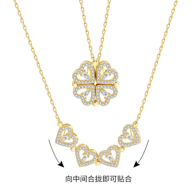 Wholesale Fashion Four Leaf Clover Heart Shape Stainless Steel Flowers Inlay Zircon Necklace
