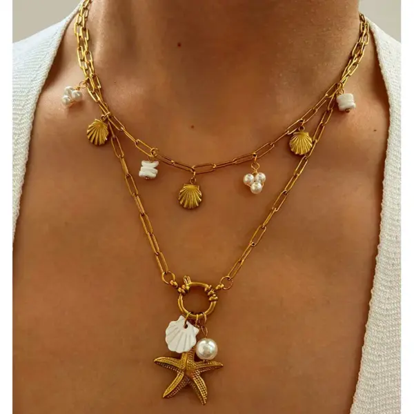Wholesale 304 Stainless Steel Starfish Shell PVD Coated Imitation Pearl Natural Stone Natural Shell Real Gold Plated Nordic Style Beach Commute Waterproof Non Tarnish Irregular Surgical Steel Paperclip Chain Lobster Trigger Clasp Closure Gold Pendant Necklace