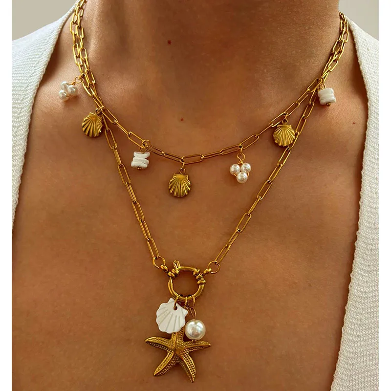 Wholesale 304 Stainless Steel Starfish Shell PVD Coated Imitation Pearl Natural Stone Natural Shell Real Gold Plated Nordic Style Beach Commute Waterp