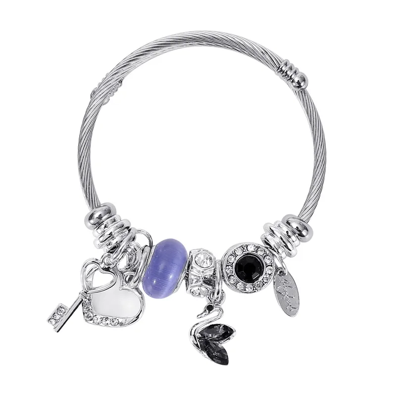 Wholesale Casual Simple Style Swan Heart Shape Key Stainless Steel Inlay Artificial Gemstones Bangle
