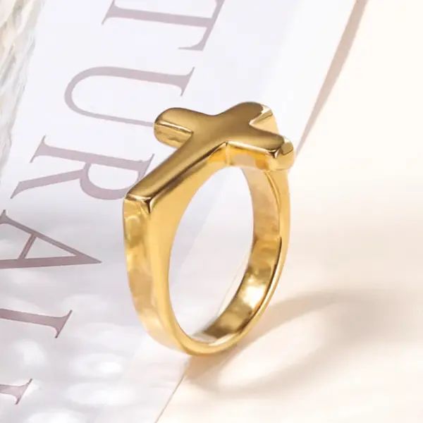 Wholesale Real Gold Plated Cross 304 Stainless Steel Simple Style Waterproof Non Tarnish Rings
