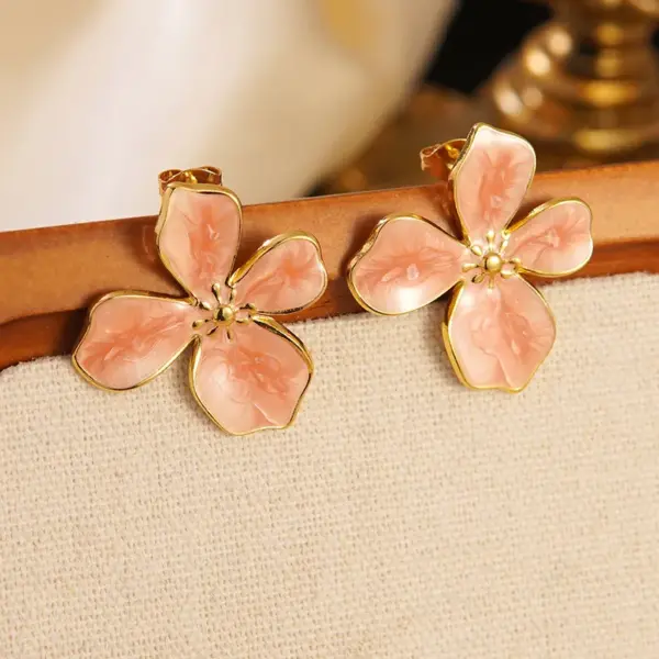 304 Stainless Steel Plastic Flower Electroplating Imitation Gold Elegant Princess Enamel Gold Ear Studs