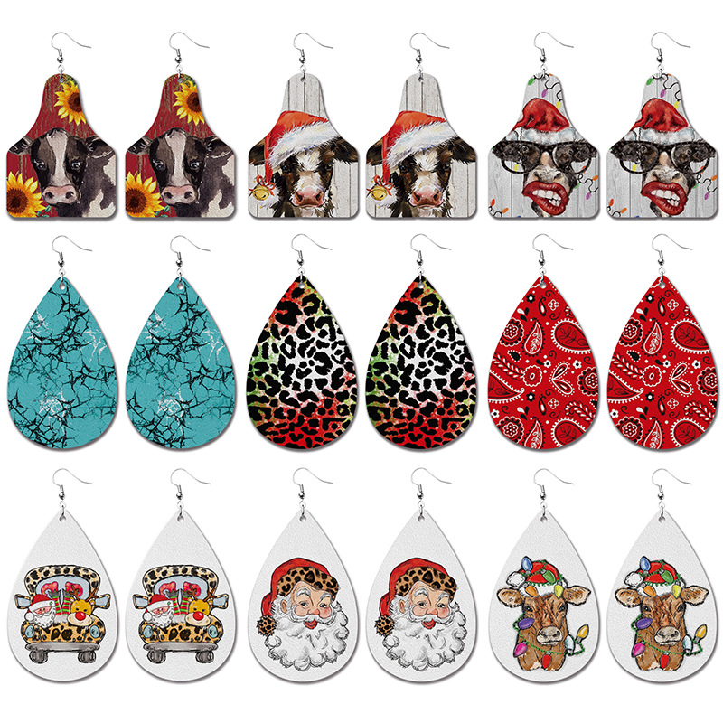 Wholesale Christmas PU leather tearop earrings