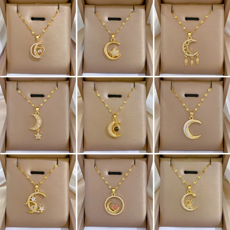 Wholesale Vintage Style Rabbit Star Moon Titanium Steel Copper Plating Inlay Zircon Pendant Necklace