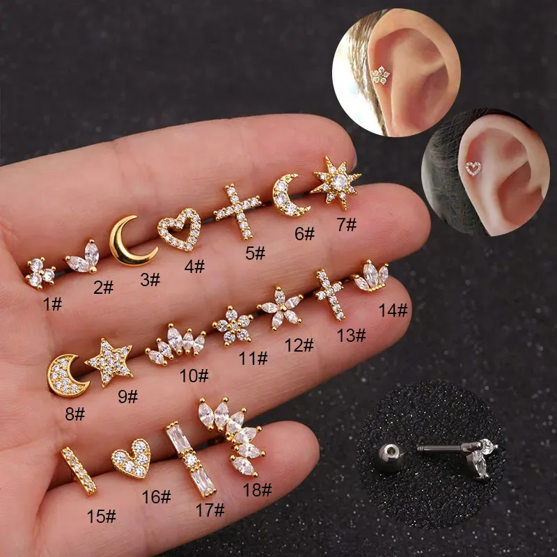 Wholesale 1 Piece IG Style Star Moon Inlay 304 Stainless Steel Zircon 14K Gold Plated Ear Studs