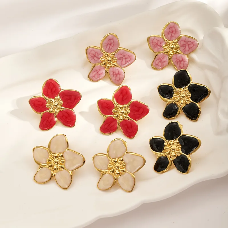 Wholesale Vintage Fashion Style 201 Stainless Steel Colorful Oil Drop Flower Plated Imitation Gold Water Plated Polished Electroplated Women's Earring