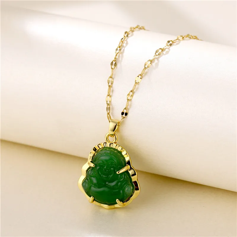 Wholesale Titanium Steel Brass Ethnic Style Inlay Buddha Artificial Gemstones Necklace