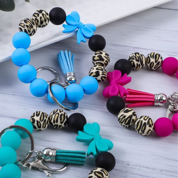 Wholesale in stock cross-border color bow leopard silicone beads beaded tassel bracelet bracelet keychain bag pendant