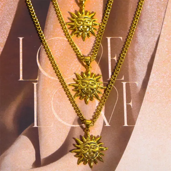 Wholesale Water Plating 18K Gold Plated Human Face Tower Sun Copper Retro Copper Sweater Chain Necklace