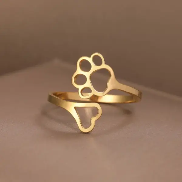 Wholesale PVD Coated Gold Plated Paw Print Heart Shape 304 Stainless Steel Simple Style Waterproof Non Tarnish Open Ring