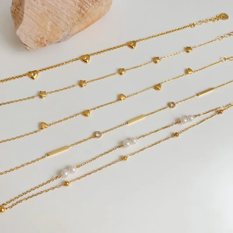Wholesale PVD Coated Real Gold Plated 16K White Plating Geometric Star Heart Shape 304 Stainless Steel Modern Style Waterproof Non Tarnish Bracelets