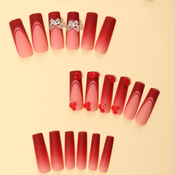 Wholesale European and American blood red French long tubing nail art patch butterfly accessories diamond removable foreign trade fake nails 24 pieces