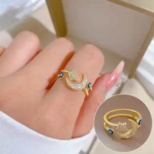 Wholesale Fashion Star Moon Brass Plating Zircon Open Ring