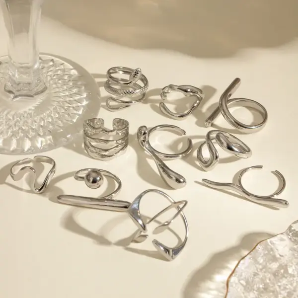 Wholesale 304 Stainless Steel Geometric Exaggerated Artistic Waterproof Non Tarnish Layered Silver Open Rings