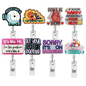 oly-ffc44a2f52dfbe0b0103732ff0f7fb55 Wholesale Acrylic Glitter Funny Heart Medicine Bottle Retractable Rotating Badge Reel Doctor Nurse ID Buckle Easy Pull-up Buckle