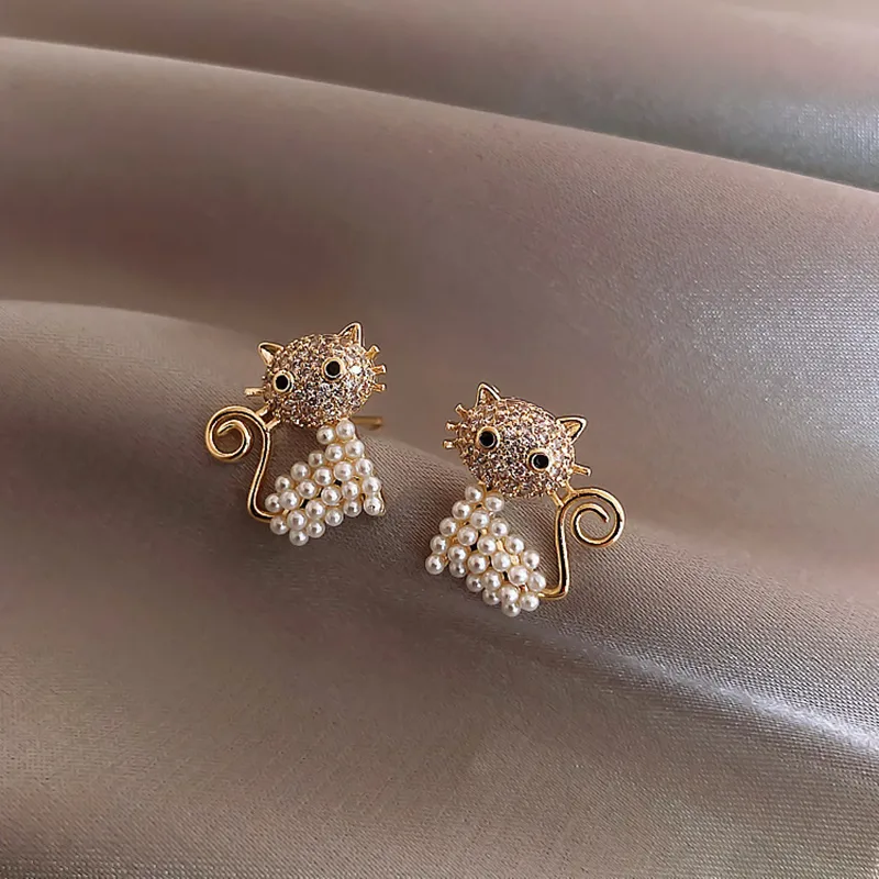 Wholesale Cute Cat Alloy Inlay Artificial Pearls Rhinestones Women's Ear Studs 1 Pair
