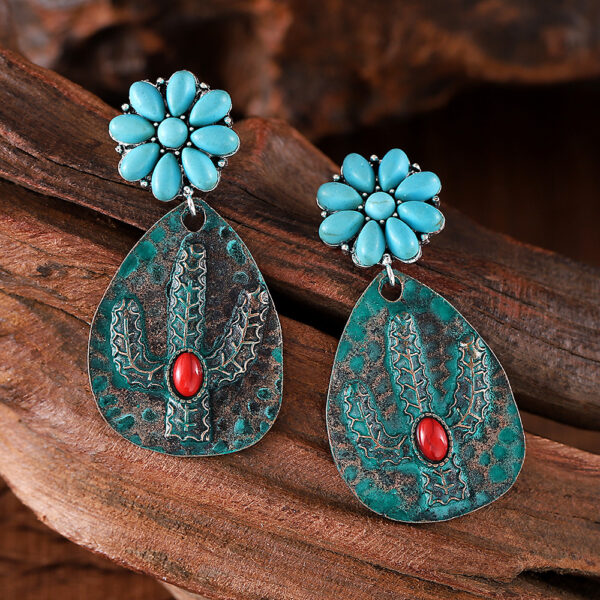 Wholesale Blue cactus inlaid turquoise teardrop earrings
