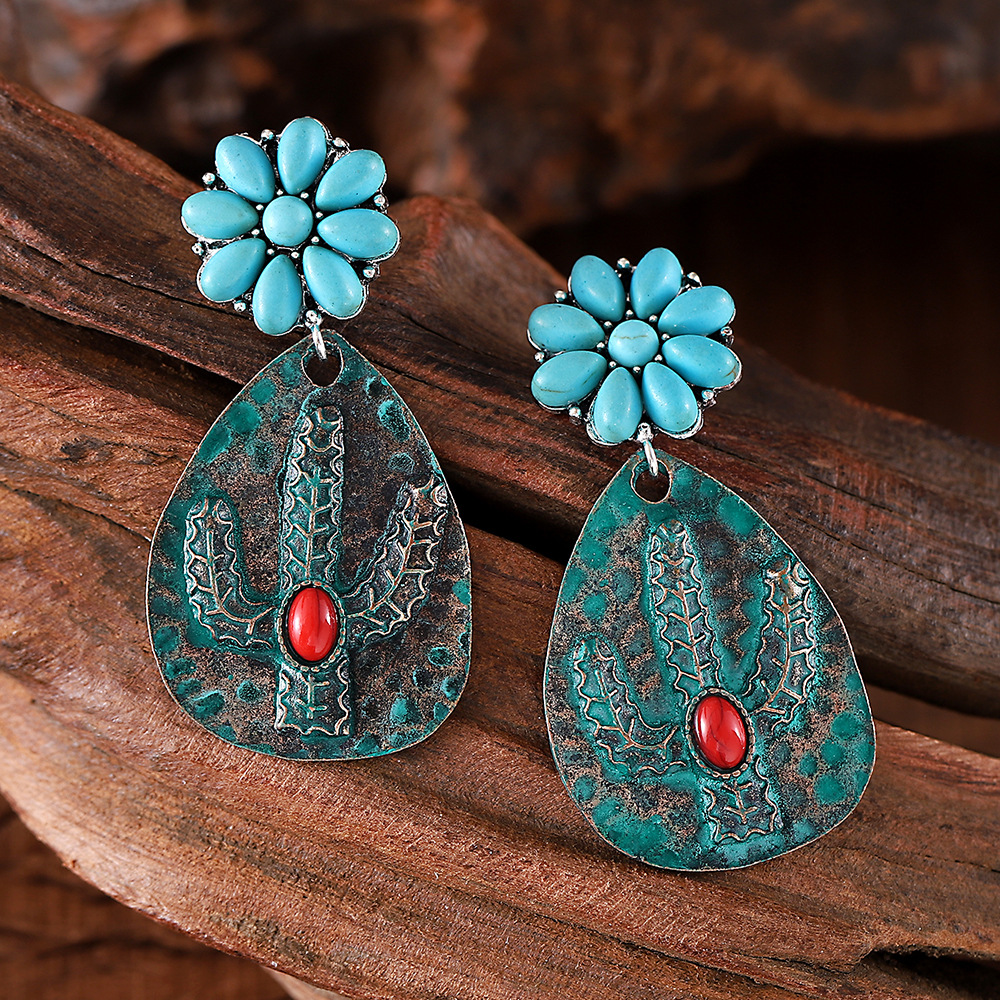 Wholesale Blue cactus inlaid turquoise tearop earrings