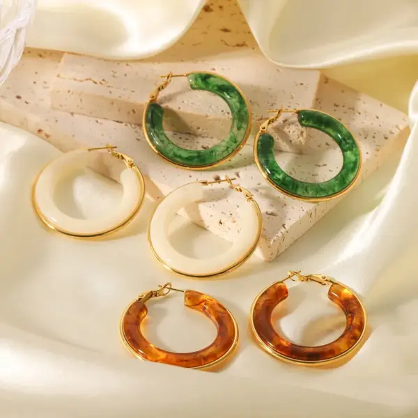 Wholesale 304 Stainless Steel Resin Circle Resin Real Gold Plated Exaggerated Streetwear Earrings