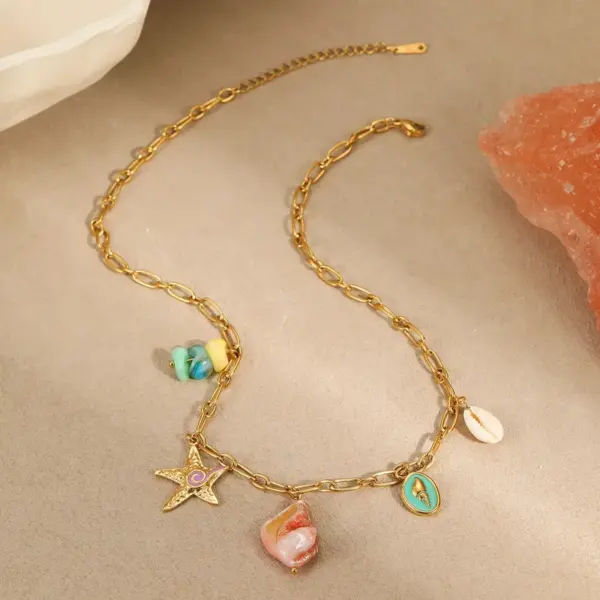 Wholesale PVD Coated Real Gold Plated Starfish Conch Coral 304 Stainless Steel Vacation Marine Style Waterproof Non Tarnish Jewelry Set