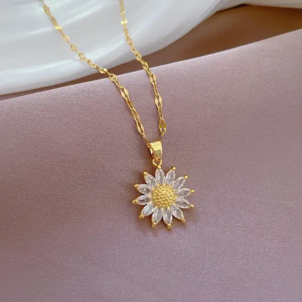 Wholesale Simple Style Classic Style Sunflower Titanium Steel Copper Inlay Artificial Gemstones Pendant Necklace