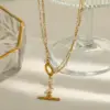 Wholesale 18K Gold Plated 304 Stainless Steel Vacuum Electroplating (In Furnace) Imitation Pearl Geometric Oil Drop Cable Chain/Cross Chain/O Chain Necklace For Women Independence Day