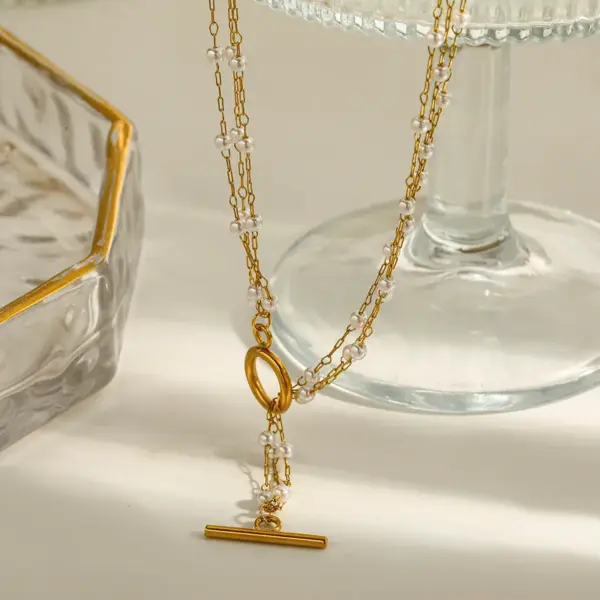Wholesale 18K Gold Plated 304 Stainless Steel Vacuum Electroplating (In Furnace) Imitation Pearl Geometric Oil Drop Cable Chain/Cross Chain/O Chain Necklace For Women Independence Day