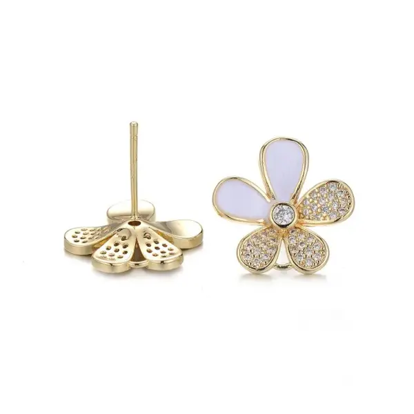 Wholesale Enamel Flowers Stud Earrings In Copper With 14K Real Gold Plated And Rhinestones, Featuring 925 Sterling Silver Ear Pins