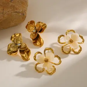 Wholesale Electroplated Flowers Stud Earrings In 18K Real Gold Plated 304 Stainless Steel With PVD Coated 0.03µm Thickness
