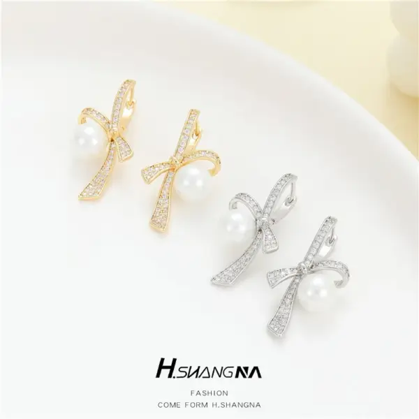 Wholesale Bow Tie Earrings For Women With Bezel Setting, Electroplated Copper And Zircon Inlay, Featuring 925 Sterling Silver Posts