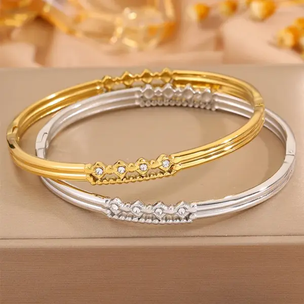 Wholesale Solid Color Roman Style Bangle For Olympic Games, Made Of 304 Stainless Steel With 18K Real Gold Plated And Rhinestones Inlay